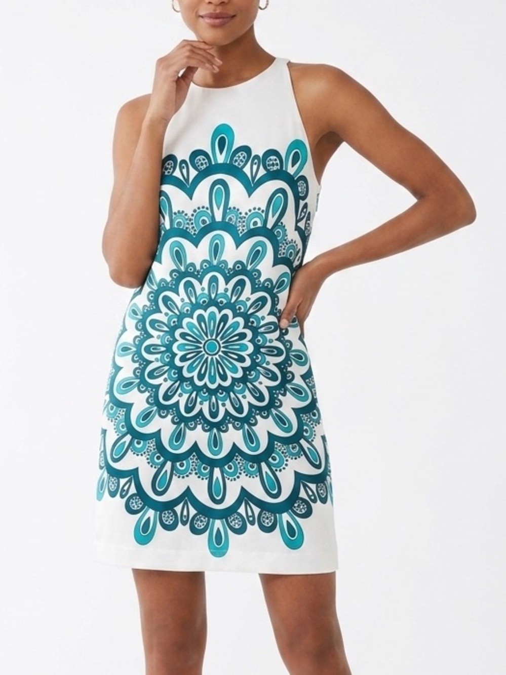 Milly New York Silk Mandala Shift Dress White Teal Sz 8